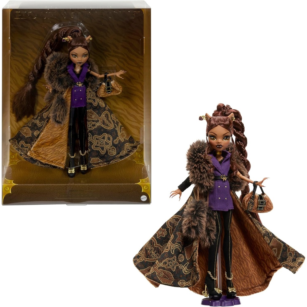 image:imageMonster High Doll Clawdeen Wolf House of Wolf Collectible with Faux Fur Jacquard Coat Purple Blazer Dress Pantaboots and Golden Accessories